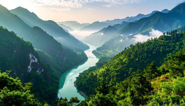 Misty Mountain Valley with Winding River Flowing Through Lush Green Forest