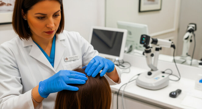 Female trichologist examining patient scalp and hair with blue gloves. Specialist performing diagnostic hair loss check in a clinic. Scalp health concept, ideal for dermatology medical marketing.