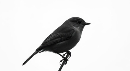 Obraz premium Monochrome image of a small bird perched on a branch against white backdrop
