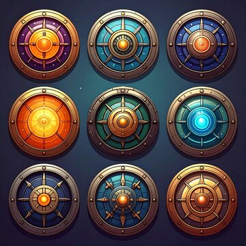 Collection of ornate circular shields in various colors and designs