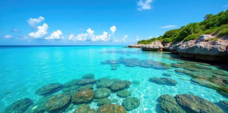 crystal clear waters reflect the blue sky, coral reefs abound, school of fish, ocean views
