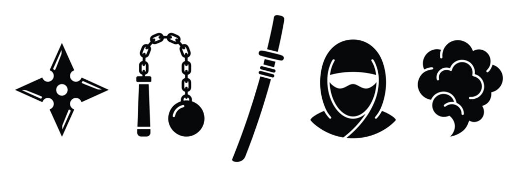 Set of ninja weapon and character icons for martial arts projects and gaming applications