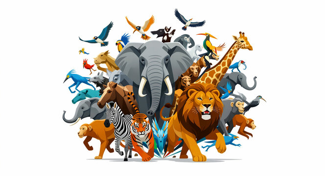 Diverse wild animals and birds in a stylized graphic illustration. Includes a lion, elephant, giraffe, tiger, and zebra on white. Biodiversity concept for educational posters and nature campaigns.