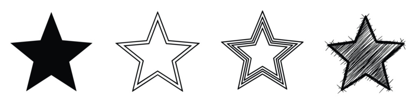 Star icons set solid outlined multiline and scribbled styles for UI and decorative decor