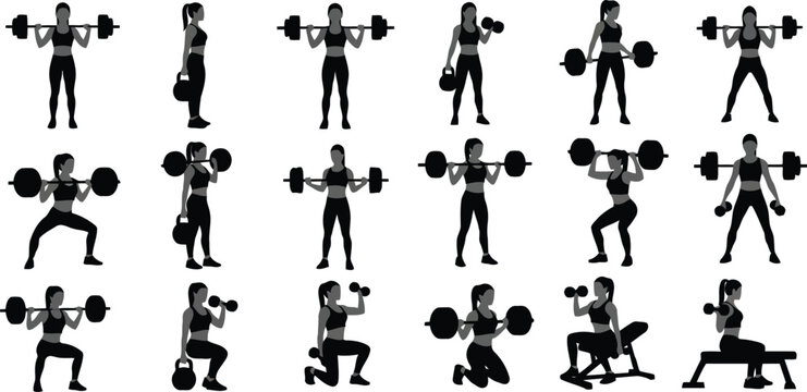 Fitness exercise silhouette collage of people lifting weights, squats, lunges and strength training poses