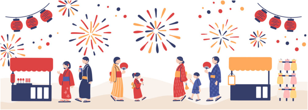 提灯と花火の下に屋台と浴衣の人々が並ぶ夏祭りの横長バナーイラスト