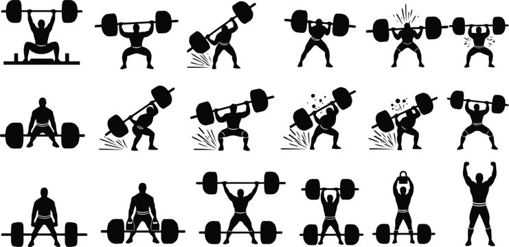 Fitness exercise silhouettes with dumbbells and weightlifting poses isolated on white background