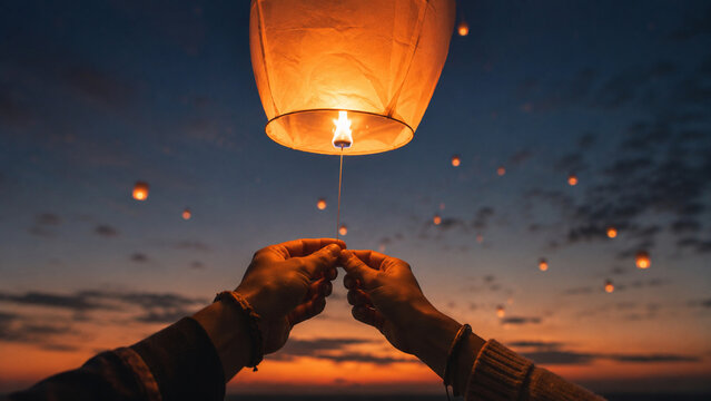 Two people&rsquo;s hands holding a single string tied to a small paper lantern floating into the evening sky, hope and joint goals concept