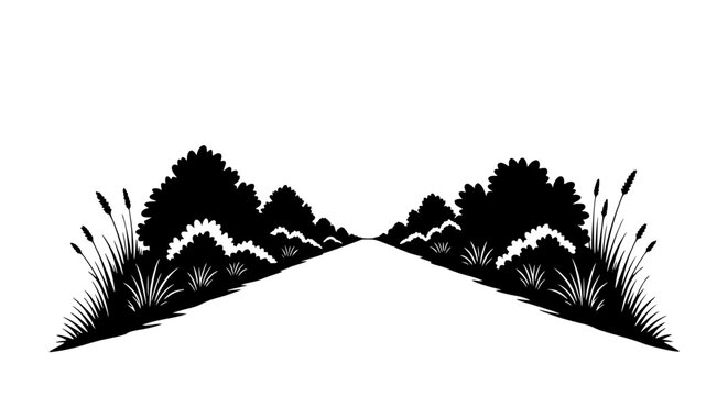 Black and White Landscape Silhouette with Path and Bushes