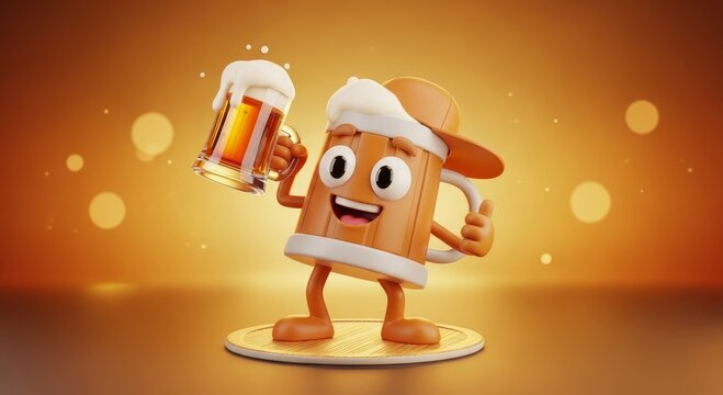 Cartoon beer mug character with foam wearing cap holding glass of ale. Cheerful mascot celebrating happy hour. Fun 3D render concept for Octoberfest, pub promotion and beverage party.