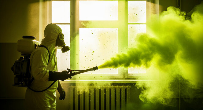 Person in hazmat suit and gas mask spraying toxic green smoke indoors. Specialist in protective gear performing chemical decontamination. Industrial safety concept for disaster response.