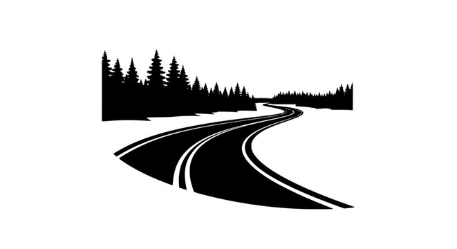 Winding forest road silhouette vector illustration of a highway through pine trees
