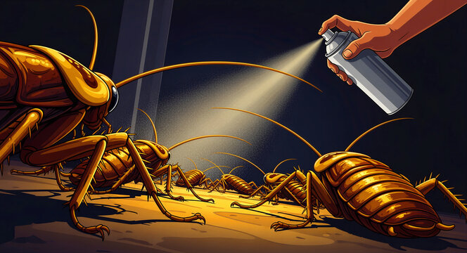 Hand spraying insecticide on a swarm of cockroaches in a dark area. Comic book style illustration showing pest control action. Extermination concept for hygiene and pest management marketing.