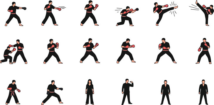 Martial artist performing kung fu and karate poses isolated on white background action sequence collage