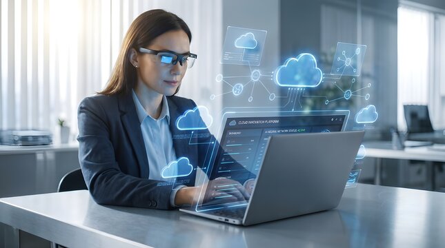 A professional female executive or data analyst working on a laptop with advanced cloud computing, data synchronization, and network security hologram graphics floating in a high-tech corporate office