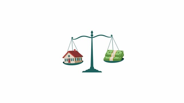 House and Money Stack Balancing on Scales Loop Animation