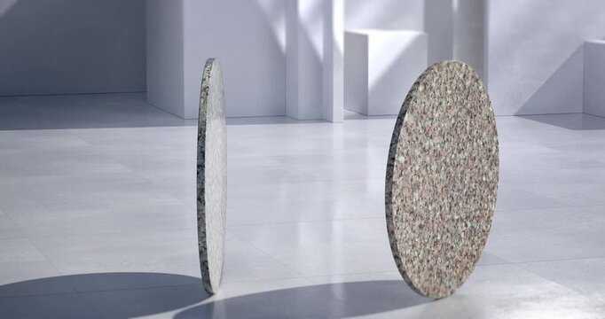 Two floating circular stone slabs stand in a bright minimalist architectural space with dramatic natural shadows.