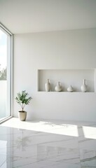 Fototapeta premium Minimalist White Room with Potted Plant and Decorative Vases