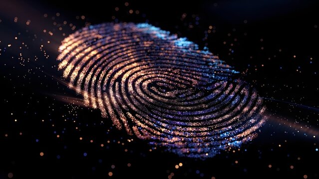 Digital fingerprint scan for biometric authentication. Cyber security and identity verification. Glittering particles forming a unique thumbprint on a dark background