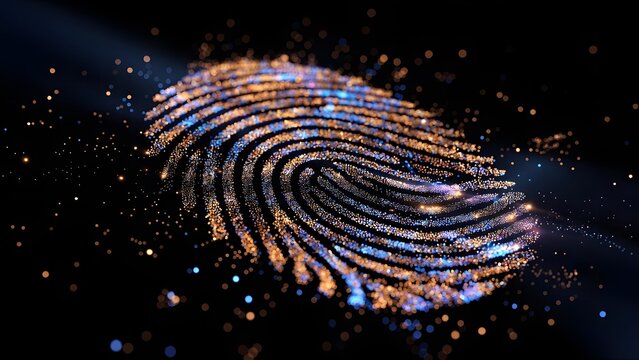 Secure biometric identification and network privacy systems. Cyber security solutions. Golden and blue light particles tracing a detailed fingerprint loop on a black screen