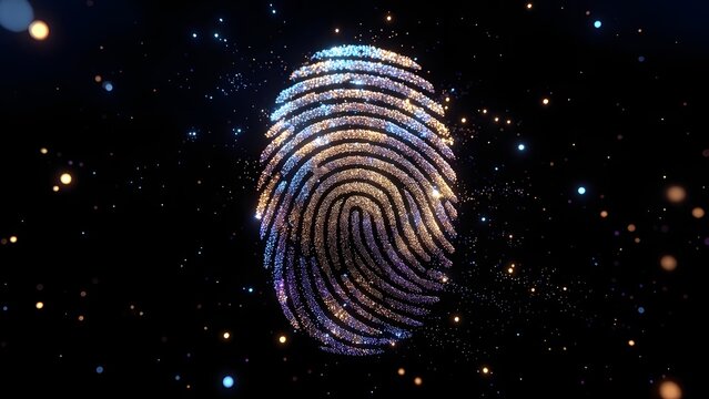 Biometric fingerprint scanner with digital data particles. Cyber security and personal identification system. Glowing thumbprint icon illuminated in dark cyberspace