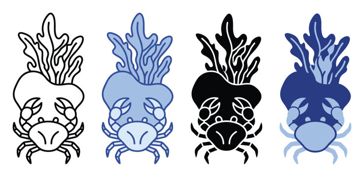 Crab with seaweed icons in line, color, and solid graphic styles for aquatic life themes