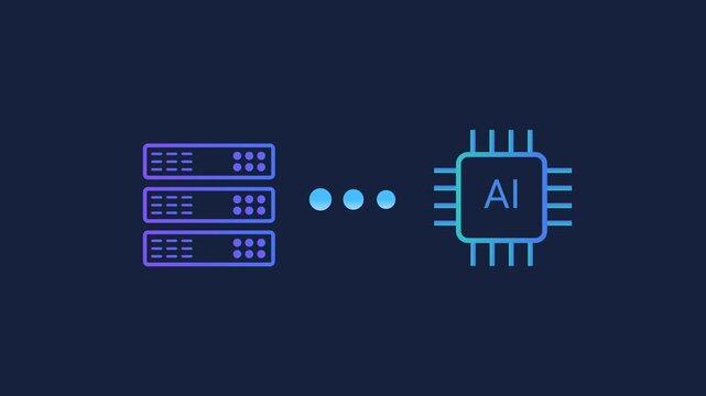 Animated motion graphics showing a simplified user profile icon connecting to a database icon via pulsing dots. Concept of user account data management and secure cloud database connection.