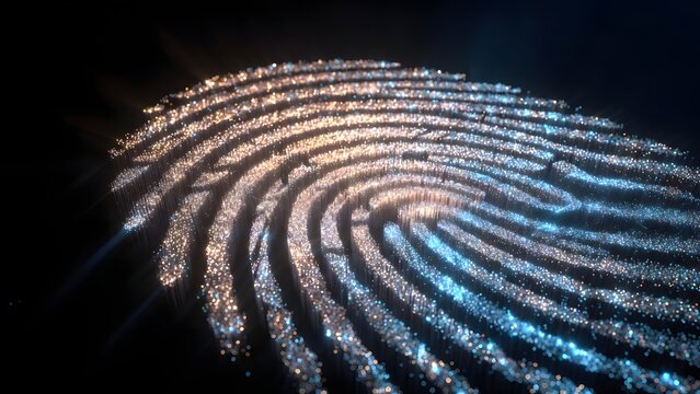 High tech biometric fingerprint scan for data privacy. Advanced identity authentication and cyber defense. Close up view of a glowing digital thumbprint scanner