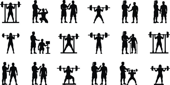 Set of Fitness and Weightlifting Silhouette Poses for Gym, Strength Training and Exercise Design
