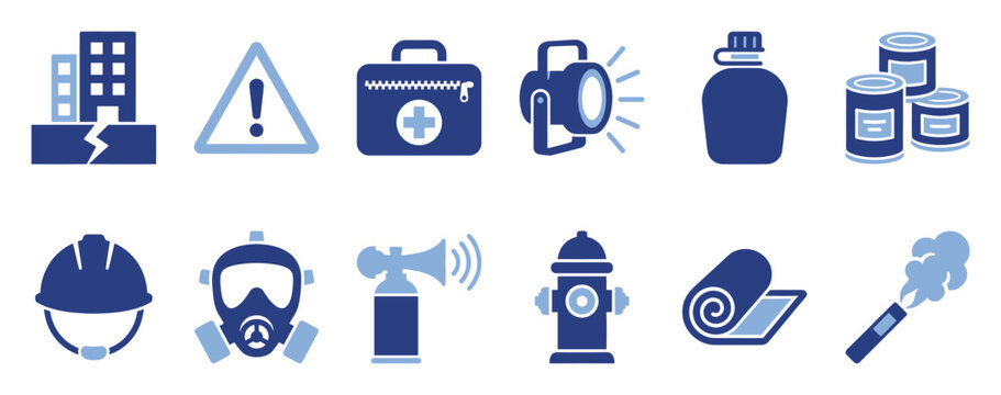 Set of emergency preparedness disaster survival icons for safety measures and hazard alerts.