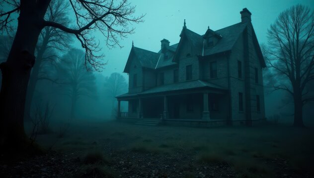 Dark spooky abandoned mansion covered in thick fake spider webs and eerie fog, abandoned, mansion
