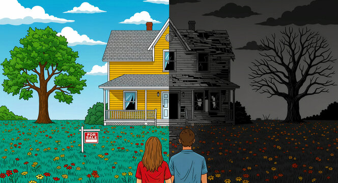 Couple viewing a house in both renovated and dilapidated states. One side shows a bright home with a sale sign; the other a dark ruin. Real estate flipping and renovation concept.