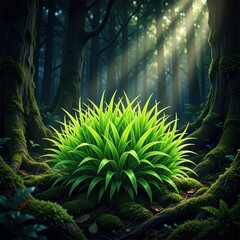 Naklejka premium Vibrant Green Fern Glowing under Sunbeams in Mossy Forest