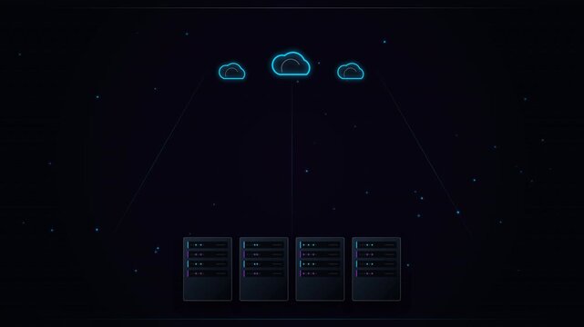 A digital cloud infrastructure with four servers connected to three cloud icons, representing cloud storage and data management