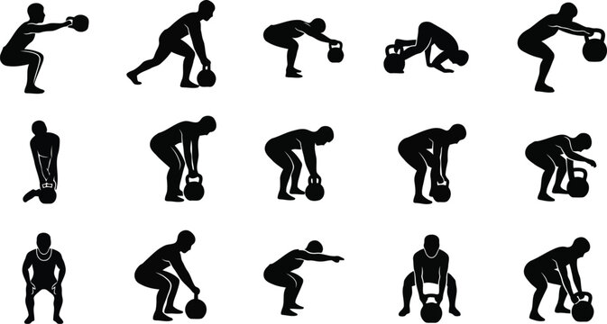 Fitness exercise silhouettes set with people training, stretching, squatting and workout poses isolated on white background