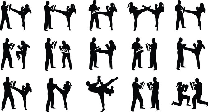 Black Silhouette People Dancing and Celebrating in Various Dynamic Poses Isolated on White