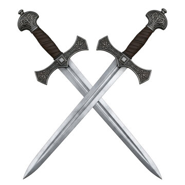 Two crossed medieval steel swords on white background with medieval, weaponry white background