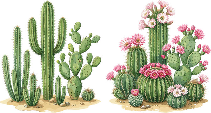 Hand Drawn Desert Cactus Collection with Blooming Succulent Plants and Botanical Floral Vector Illustration Set