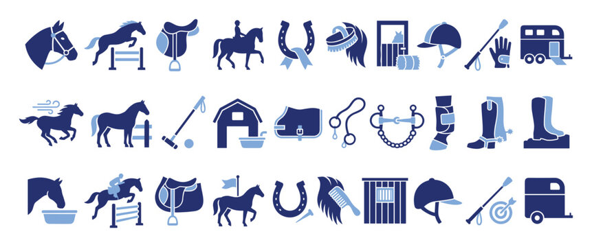 Set of equestrian icons representing horse riding activities and equipment for graphic design