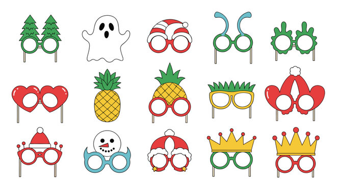 Collection of festive party glasses and photo props including designs for Christmas, Halloween, and various celebrations.