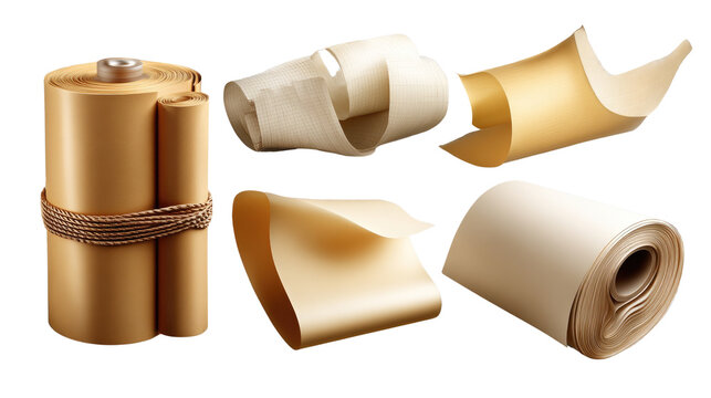 Textured Paper Rolls: A collection of paper rolls with various textures and colors, including tightly wound cylinders and loosely unfurled sheets, showcasing the versatility of paper craft.