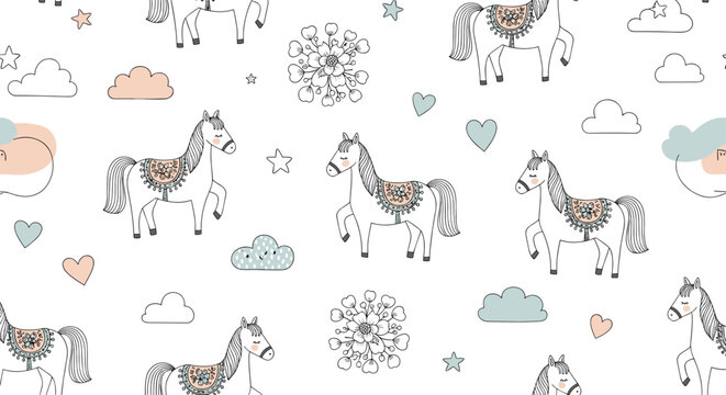 Charming seamless pattern for children featuring white horses, colorful clouds, hearts, and stars in a soft pastel color palette.