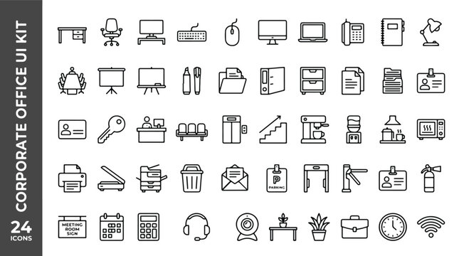 Corporate office line icon set featuring business workplace, furniture, technology, stationery, and facility symbols. Minimalist outline vector illustrations for web, mobile apps, and UI design kit.