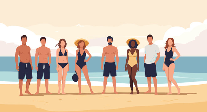 Group of diverse men and women standing together on a sunny sandy beach in various swimwear styles with the ocean in the background.