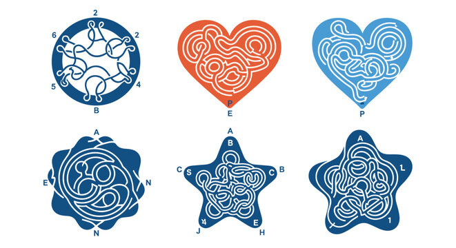 Collection of complex maze puzzles in circular, heart, and star shapes for child development.