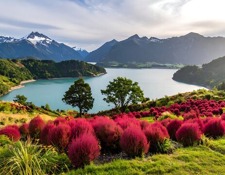 A serene landscape with vibrant pink bushes, a tranquil lake, and majestic mountains