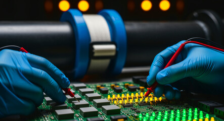 Hands in blue gloves using probes to test an electronic circuit board. Technician performing diagnostics on industrial hardware. Engineering repair concept for technology and manufacturing marketing.