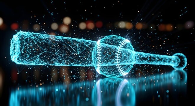 Digital baseball equipment and high tech sports analytics. Athletic performance tracking and gaming data network. Glowing mesh wireframe bat and ball reflecting on a dark stadium ground