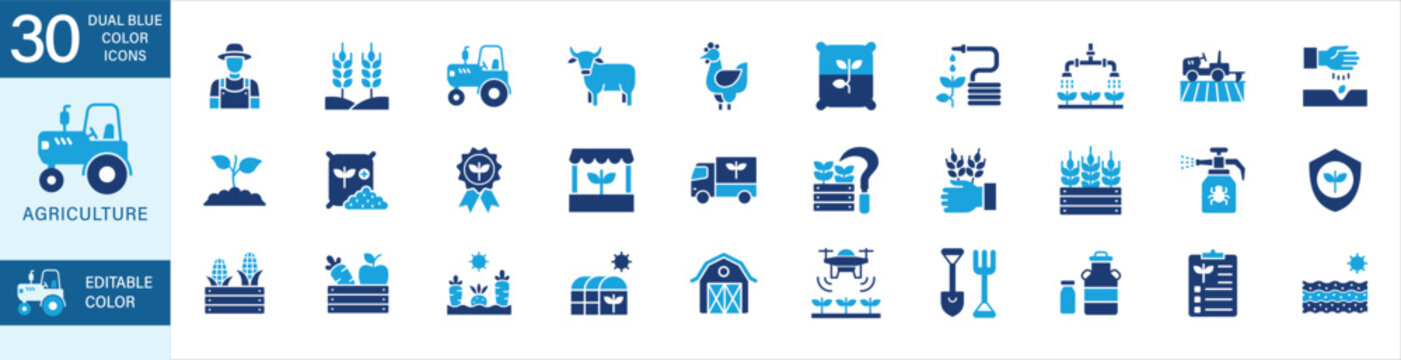 Agriculture and farm blue color icon set. Included symbol : farmer, wheat, rice, tractor, drone, tools, greenhouse, harvest, seed, livestock, soil, irrigation, dairy, corn, barn, chicken, cow.