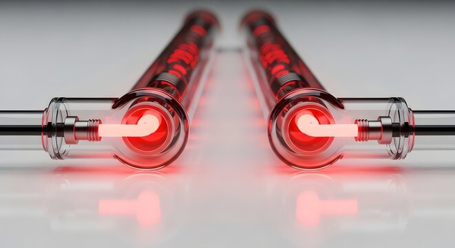 Industrial heating tubes and advanced electrical laboratory equipment. Energy thermal conductivity and product manufacturing testing. Twin glass cylinders glowing with hot filament elements